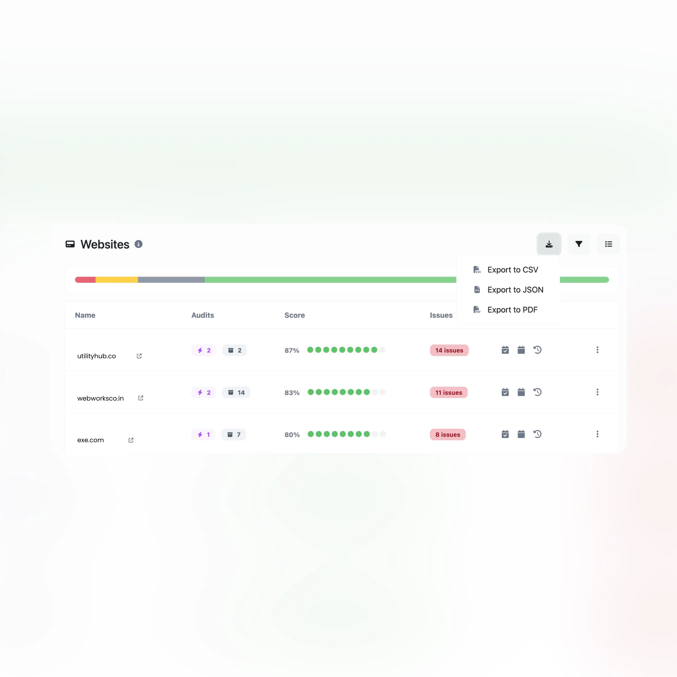 Screenshot of the app CSV, PDF, CSV exporting features